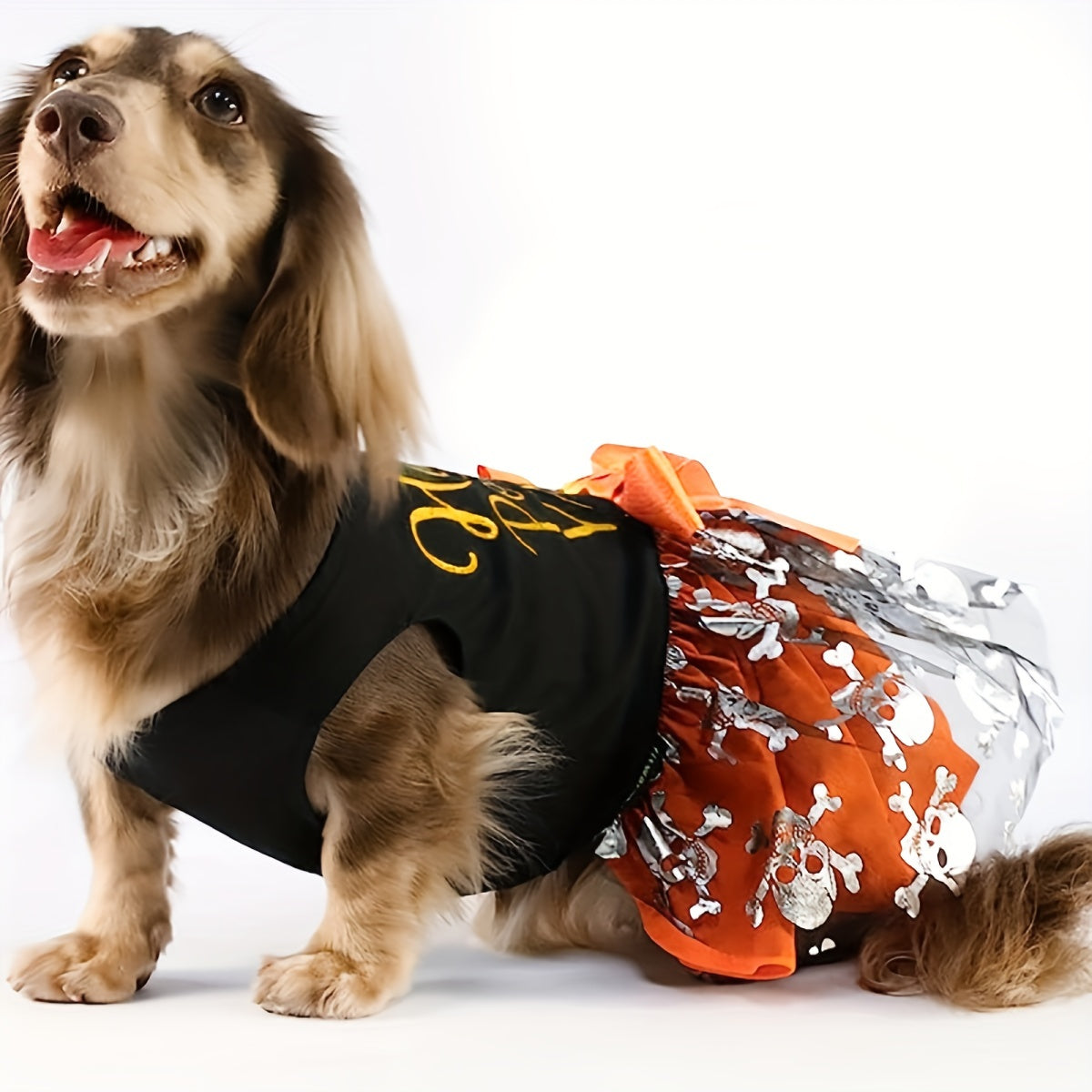 Hocus Pocus Y'all Dog Dress - Halloween Party Knit Fabric Pet Costume with Mesh Tutu Skirt - Pumpkin & Skeleton Print Pullover for Medium, Large, Small, Mini & Toy Breeds - 100% Polyester Fiber